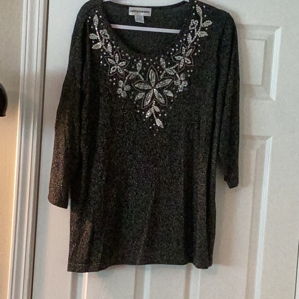 Cathy Daniels Black Embellished Blouse with Scoop Neckline